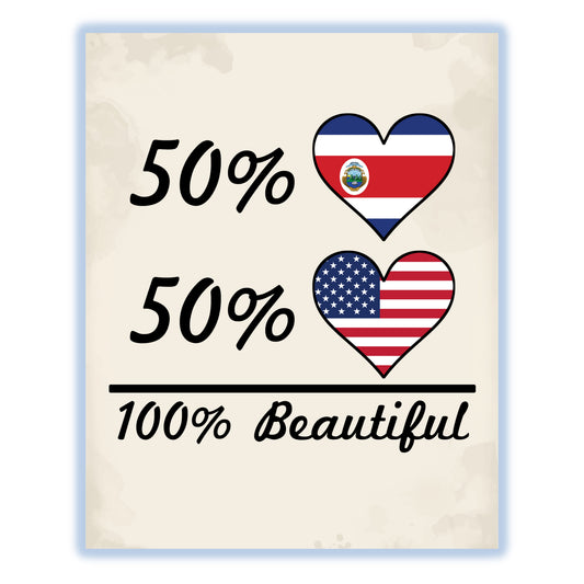 50% Costa Rican 50% American 100% Beautiful Costa Rica Flag Heart 8"x10" Wall Art Print
