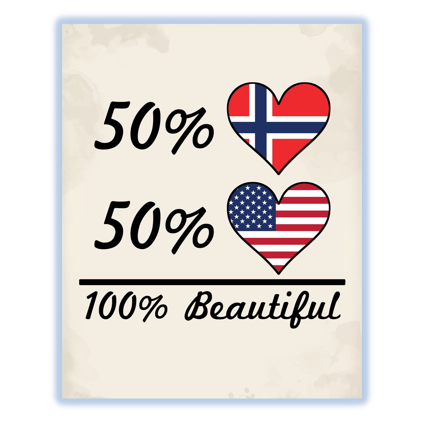 50% Norwegian 50% American 100% Beautiful Norway Flag Heart 8"x10" Wall Art Print