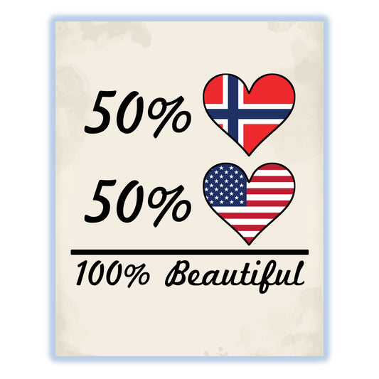 50% Norwegian 50% American 100% Beautiful Norway Flag Heart 8"x10" Wall Art Print