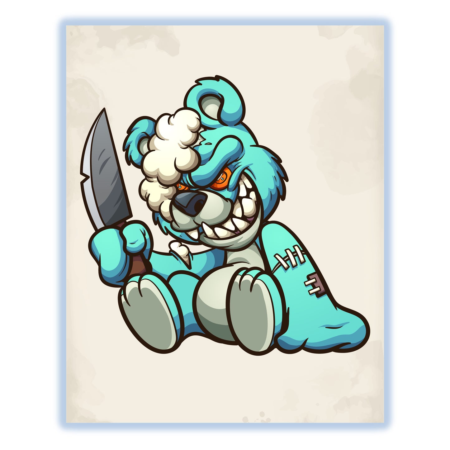 Evil Blue Teddy Bear With Knife Demented Deranged Bear 8"x10" Wall Art Print