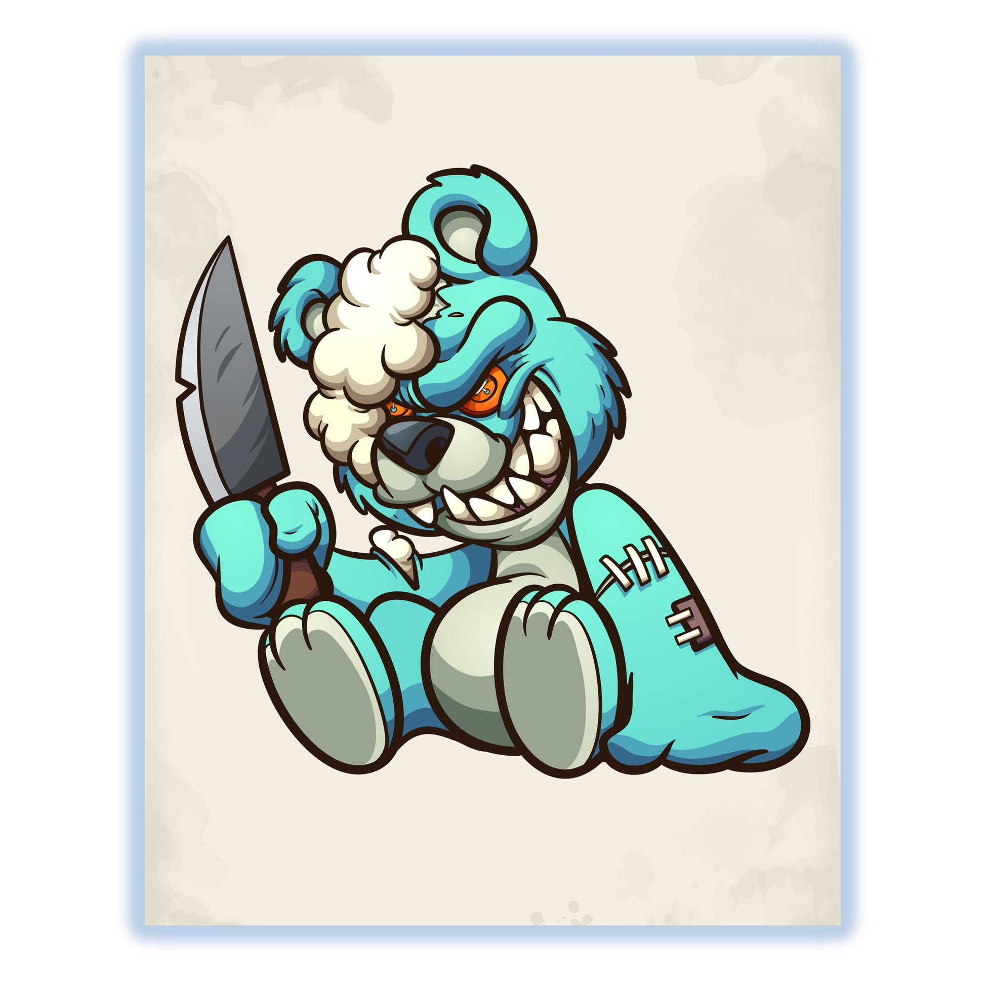 Evil Blue Teddy Bear With Knife Demented Deranged Bear 8"x10" Wall Art Print
