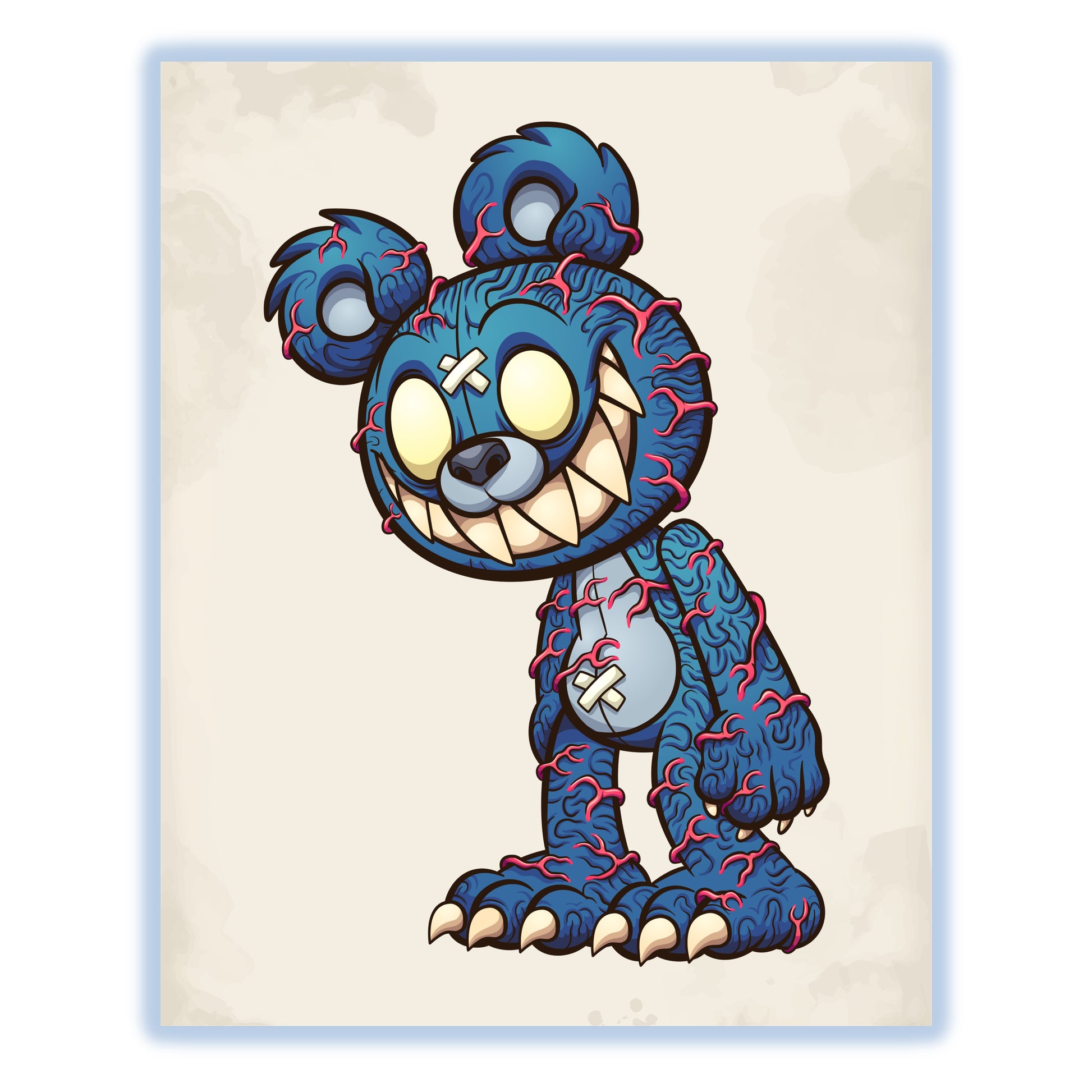 Scary Blue Teddy Bear Veins Popping Out Evil Deranged Bear 8"x10" Wall Art Print