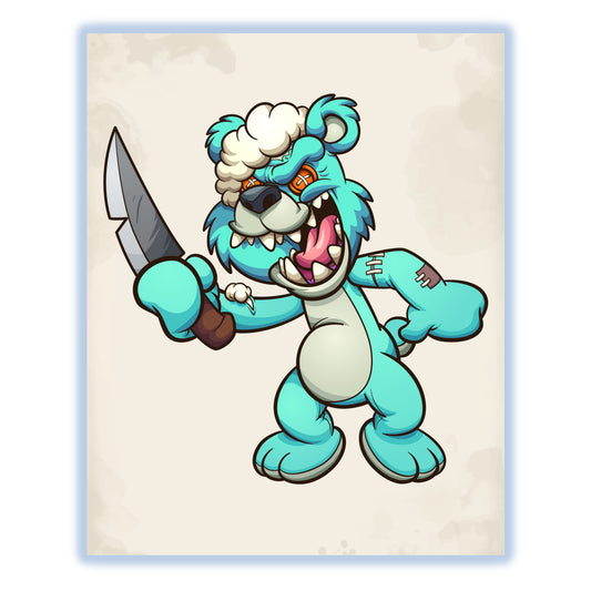 Scary Blue Teddy Bear With Knife Demented Deranged Bear 8"x10" Wall Art Print
