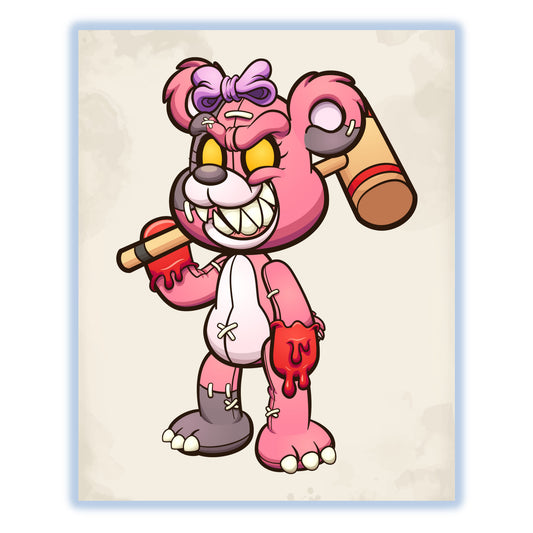 Evil Pink Teddy Bear With Mallet Scary Demented Bear 8"x10" Wall Art Print