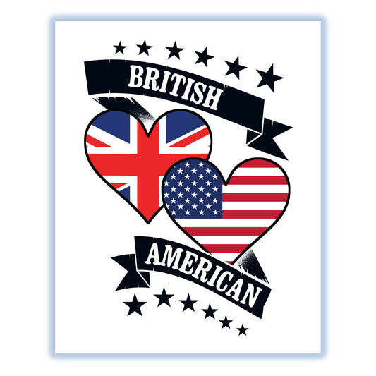 British American Heart Flags United Kingdom America 8"x10" Wall Art Print