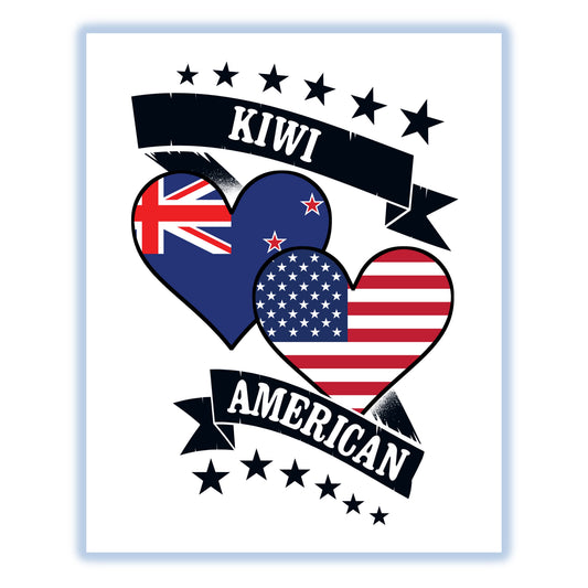 Kiwi American Heart Flags New Zealand America 8"x10" Wall Art Print