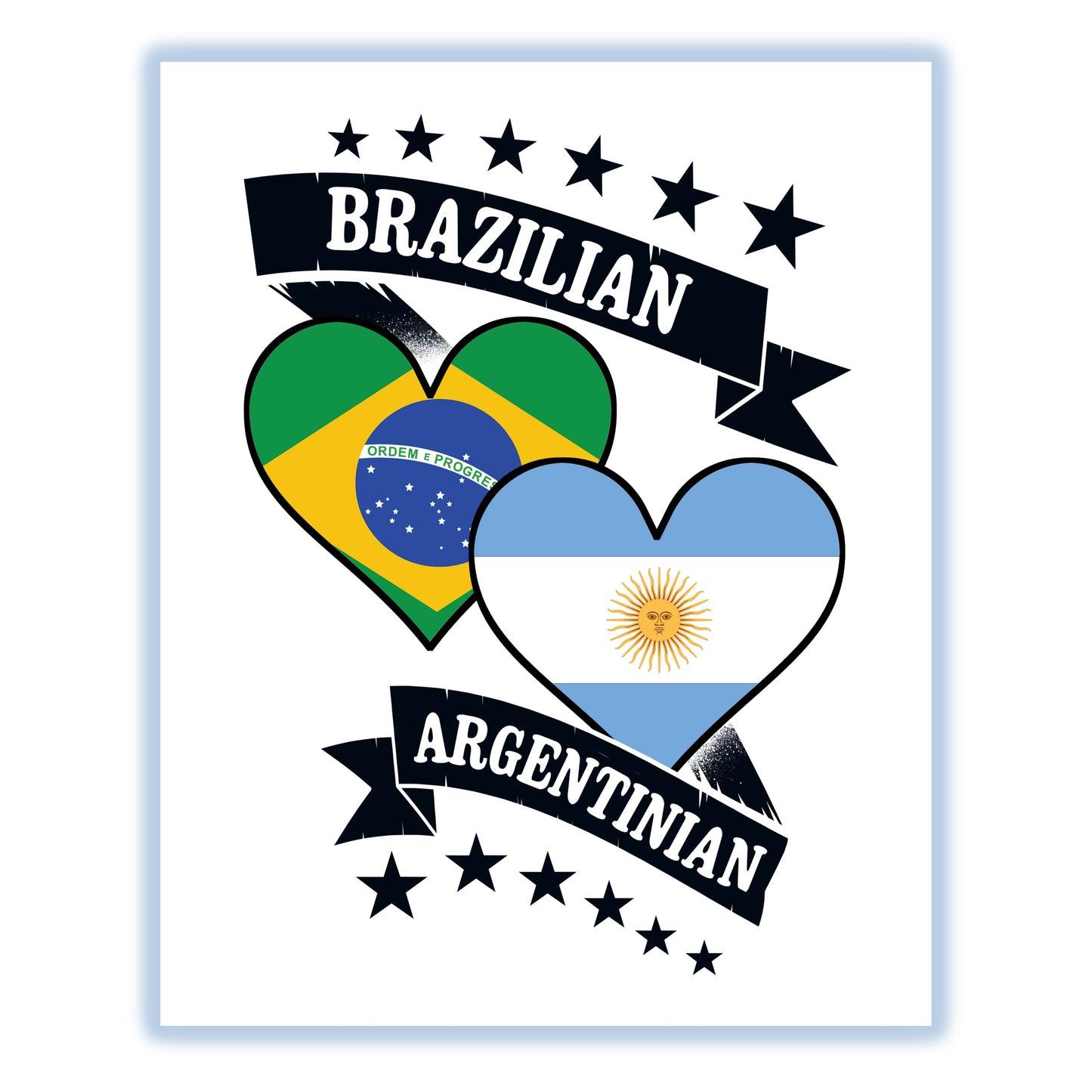 Brazilian Argentinian Heart Flags Brazil Argentina 8"x10" Wall Art Print