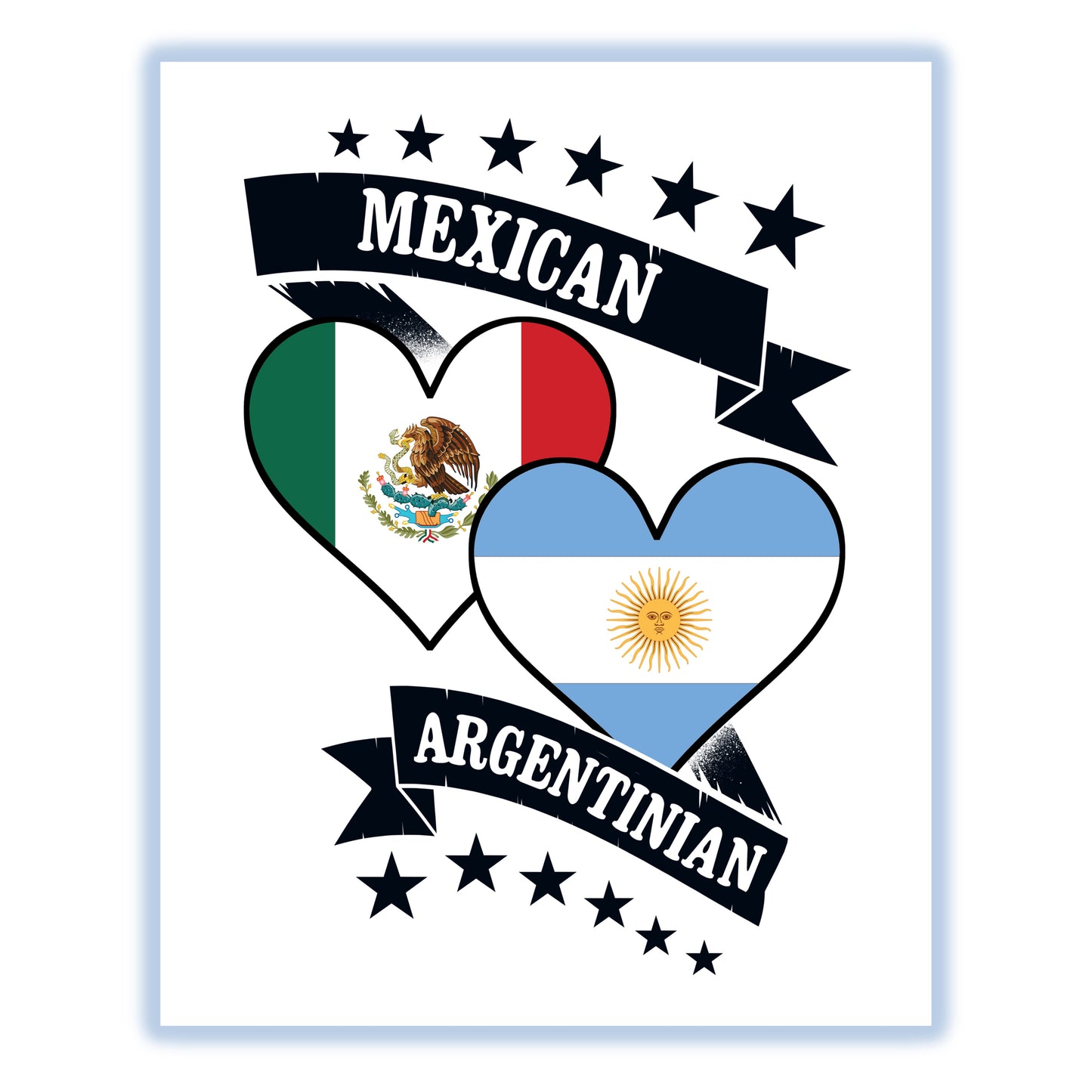 Mexican Argentinian Heart Flags Mexico Argentina 8"x10" Wall Art Print