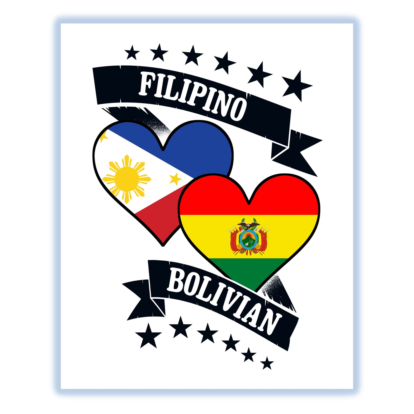 Filipino Bolivian Heart Flags Philippines Bolivia 8"x10" Wall Art Print