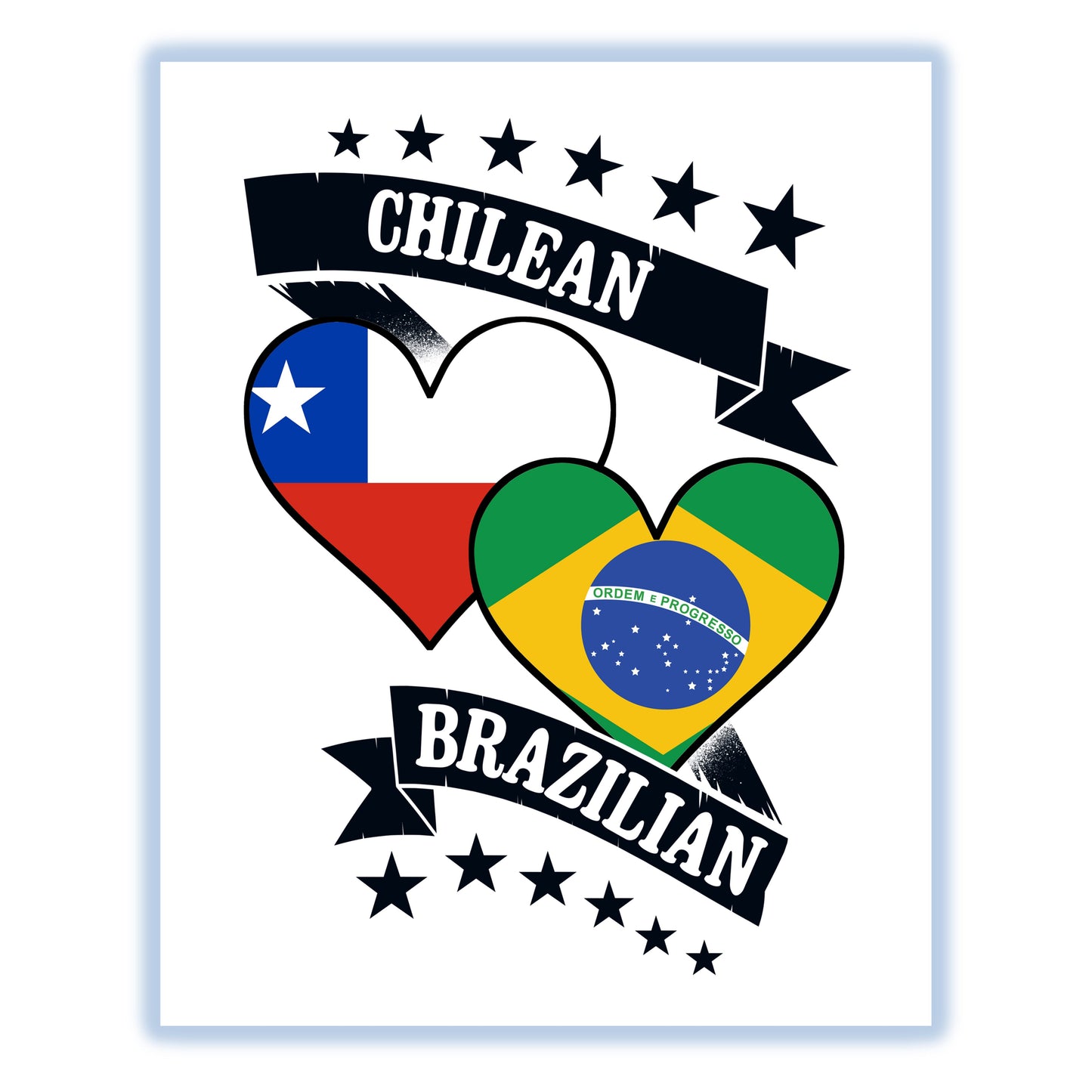 Chilean Brazilian Heart Flags Chile Brazil 8"x10" Wall Art Print