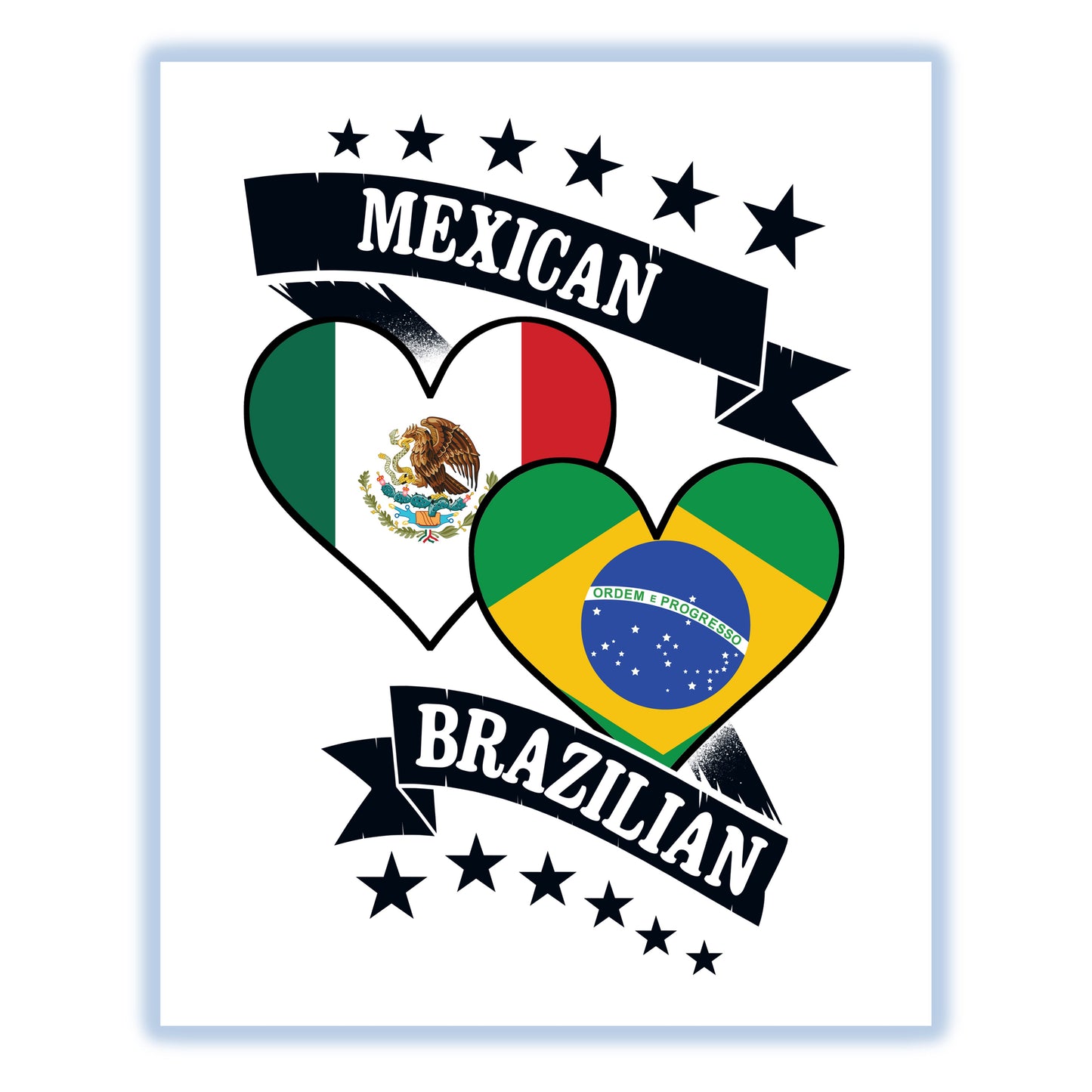 Mexican Brazilian Heart Flags Mexico Brazil 8"x10" Wall Art Print