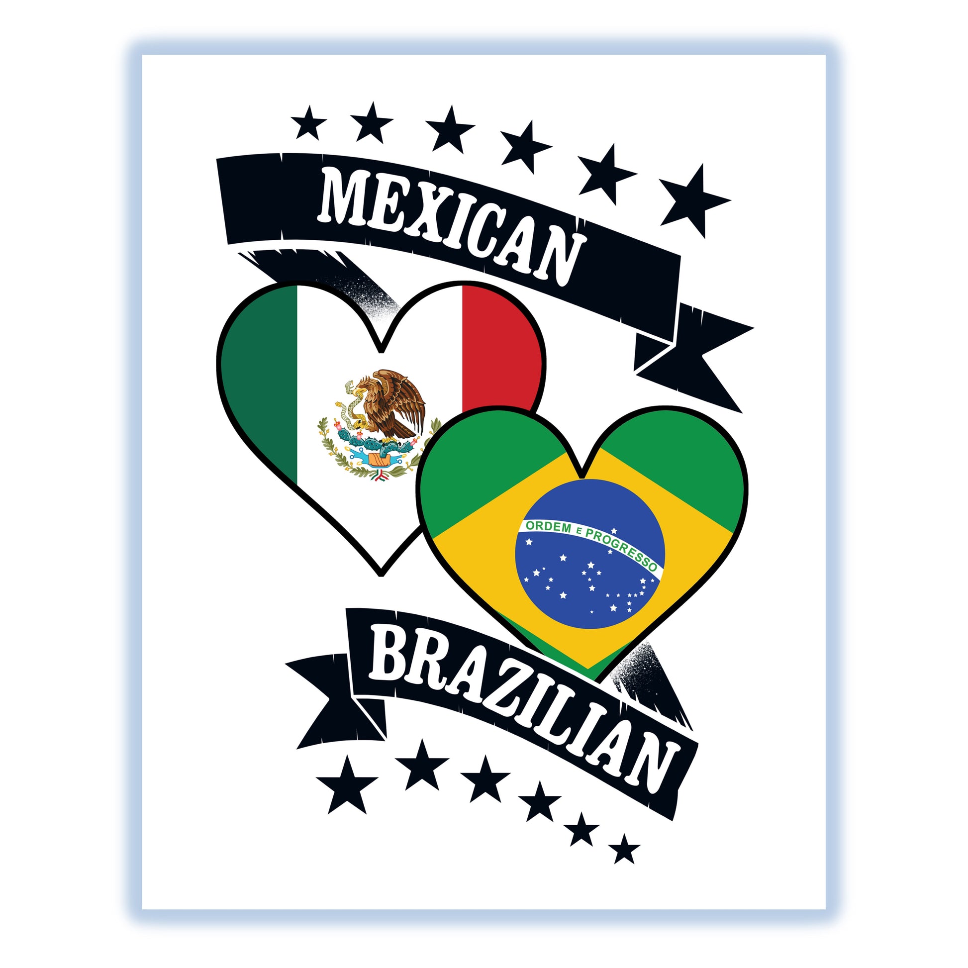 Mexican Brazilian Heart Flags Mexico Brazil 8"x10" Wall Art Print