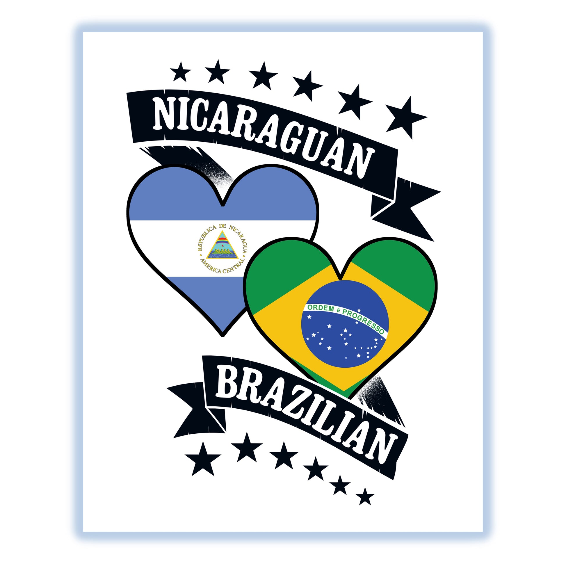 Nicaraguan Brazilian Heart Flags Nicaragua Brazil 8"x10" Wall Art Print