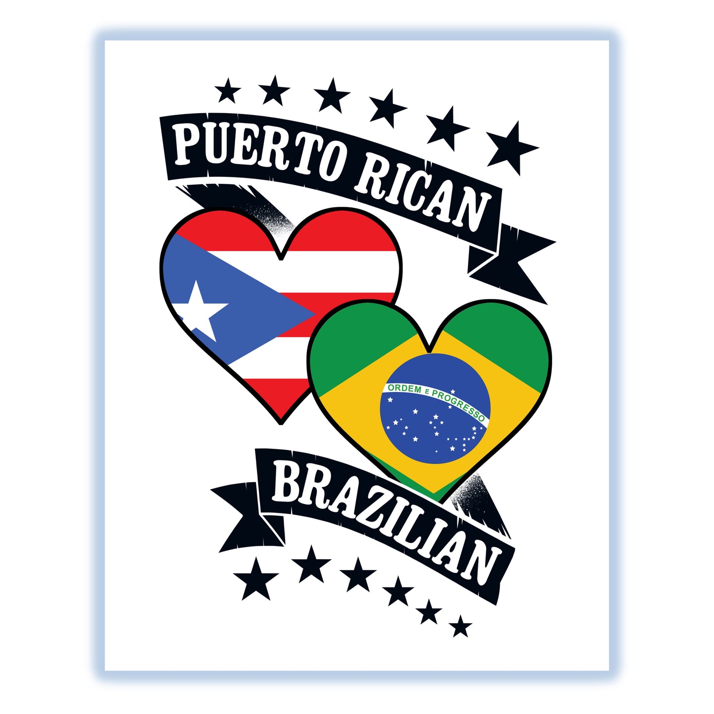Puerto Rican Brazilian Heart Flags Puerto Rico Brazil 8"x10" Wall Art Print