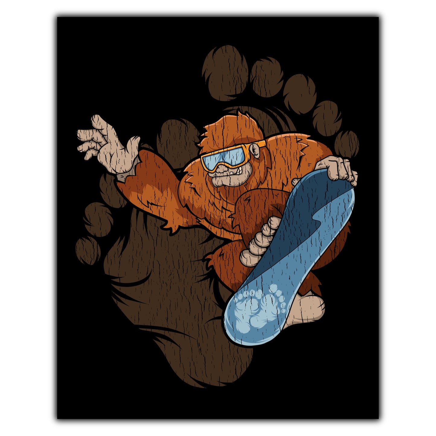 Bigfoot Snowboarding Art - Sasquatch Riding Snowboard 8"x10" Wall Art Print
