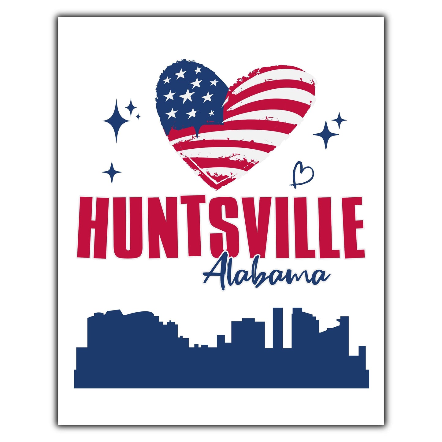 Huntsville Alabama Skyline American Flag Heart 4th of July 8"x10" Wall Art Print