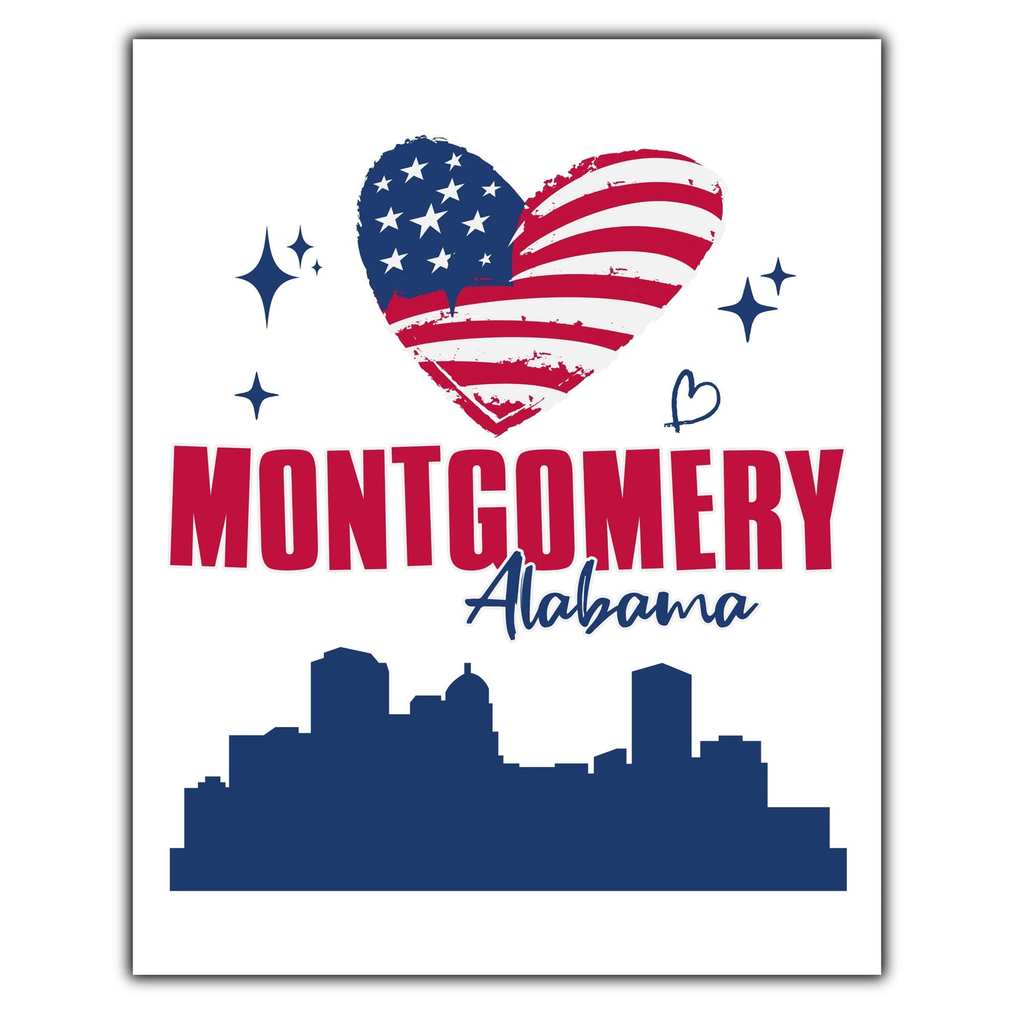 Montgomery Alabama Skyline American Flag Heart 4th of July 8"x10" Wall Art Print