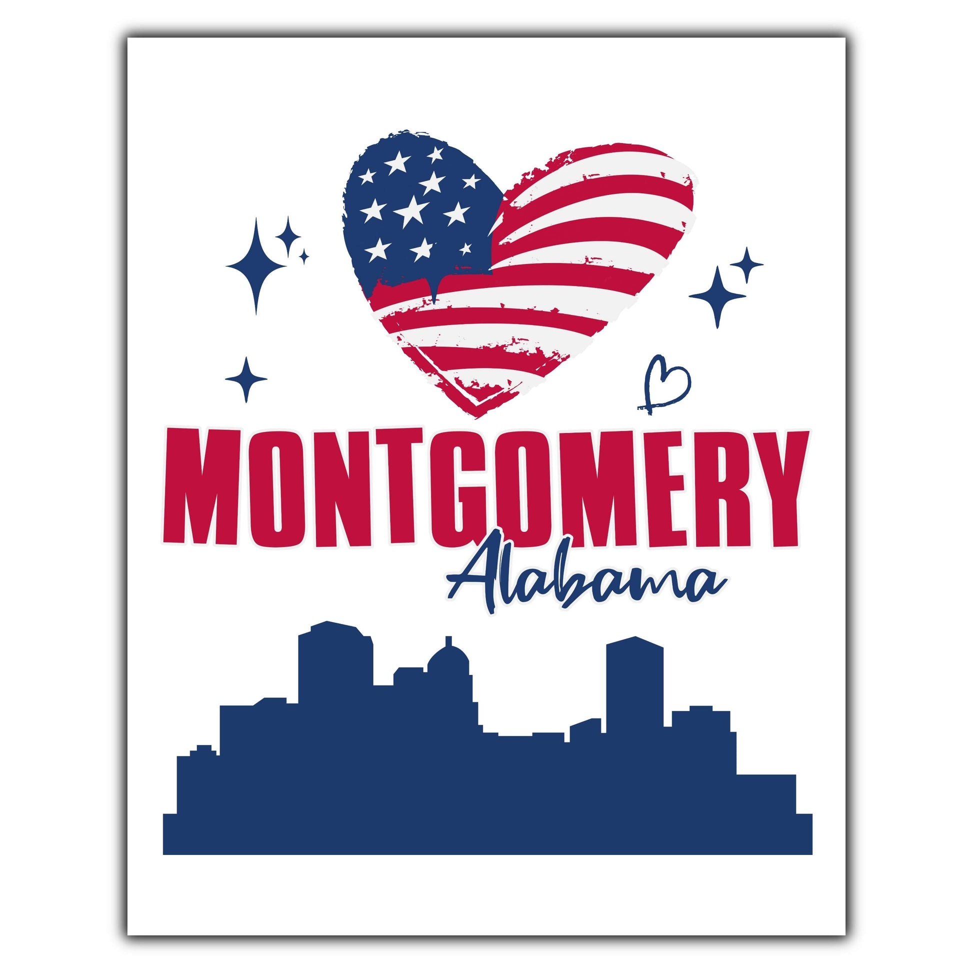 Montgomery Alabama Skyline American Flag Heart 4th of July 8"x10" Wall Art Print