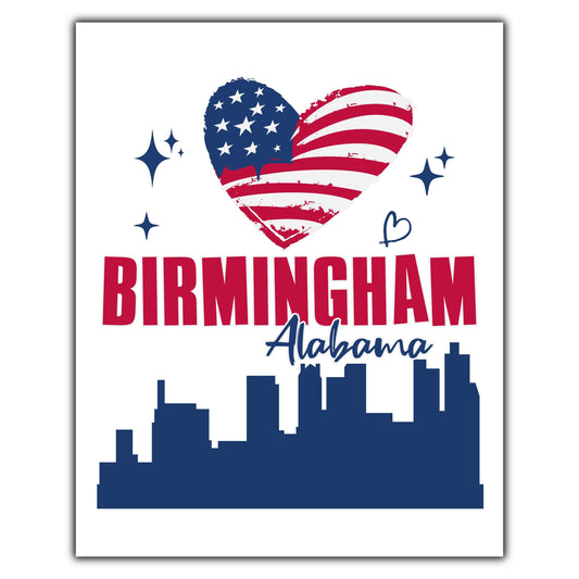 Birmingham Alabama Skyline American Flag Heart 4th of July 8"x10" Wall Art Print
