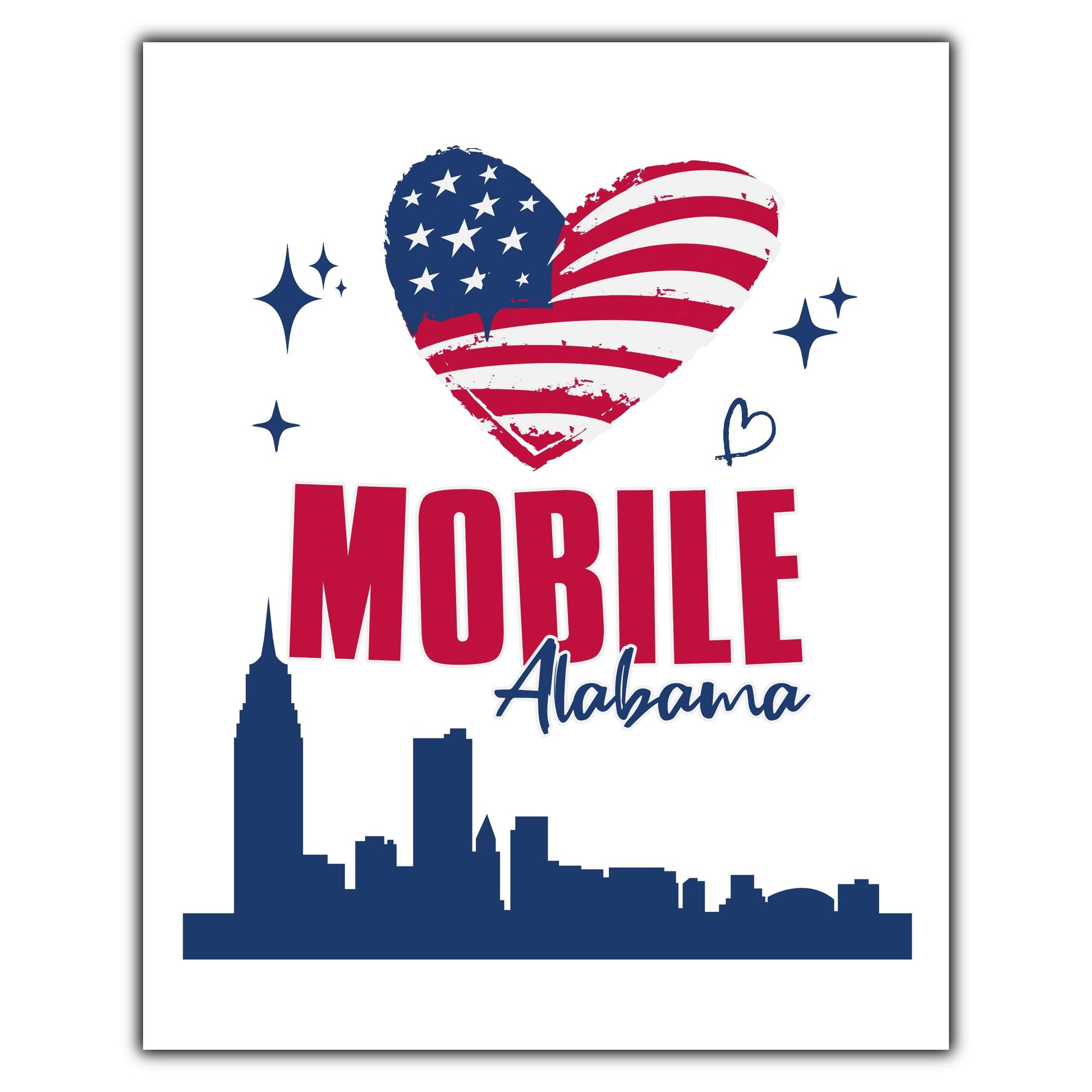 Mobile Alabama Skyline American Flag Heart 4th of July 8"x10" Wall Art Print