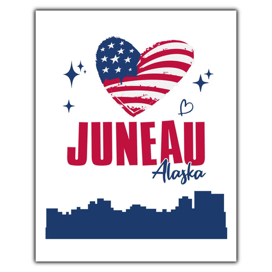 Juneau Alaska Skyline American Flag Heart 4th of July 8"x10" Wall Art Print