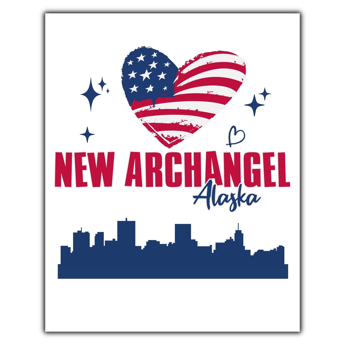 New Archangel Alaska Skyline American Flag Heart 4th of July 8"x10" Wall Art Print