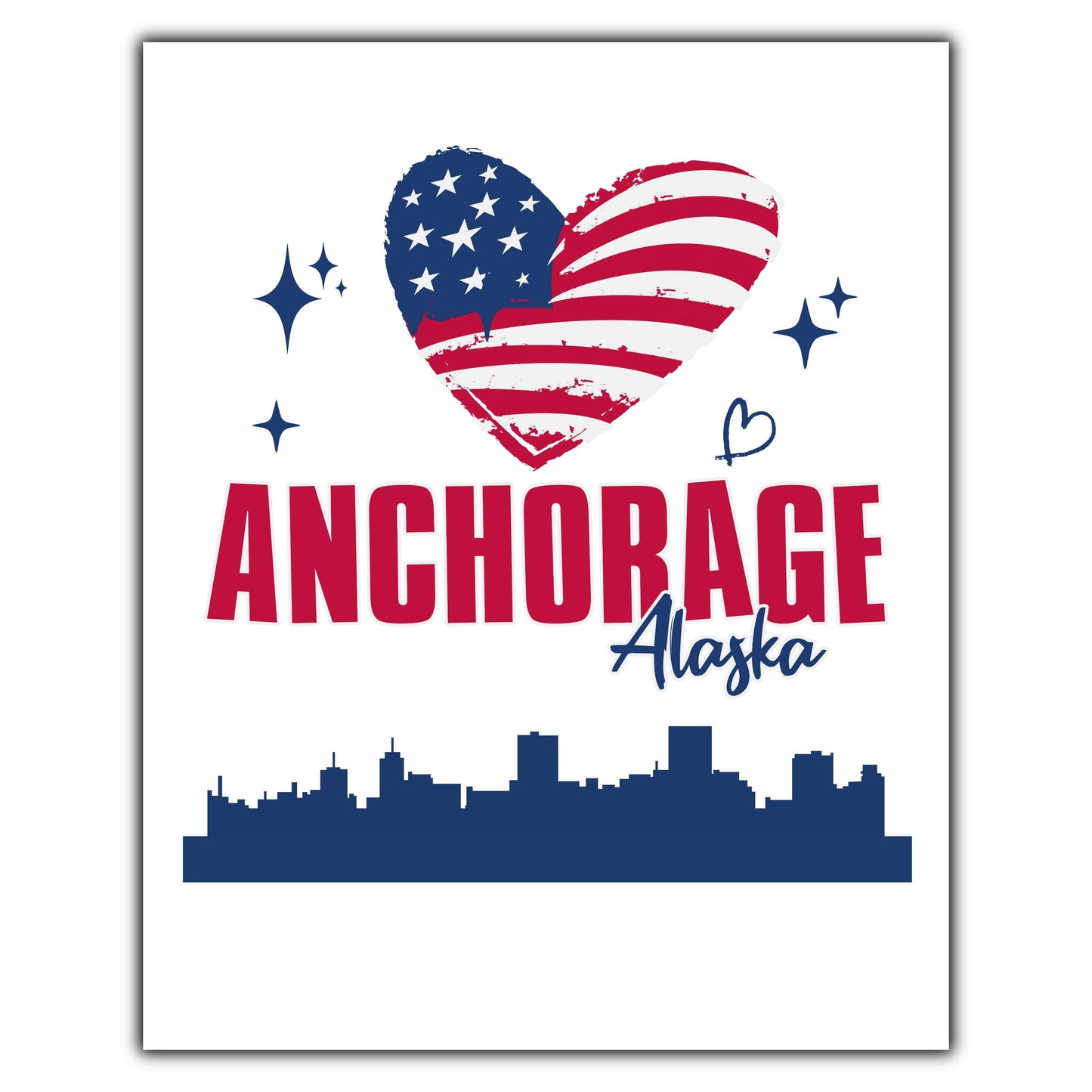 Anchorage Alaska Skyline American Flag Heart 4th of July 8"x10" Wall Art Print