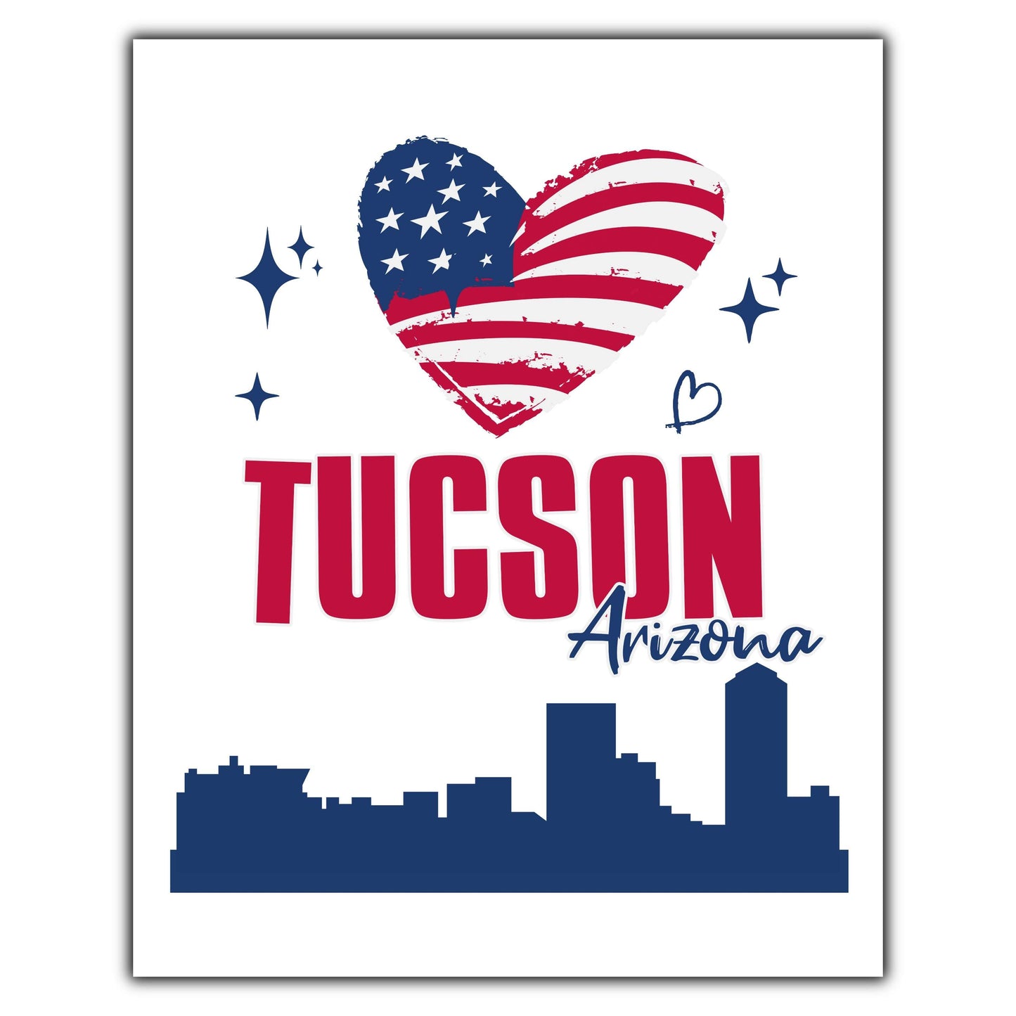 Tucson Arizona Skyline American Flag Heart 4th of July 8"x10" Wall Art Print