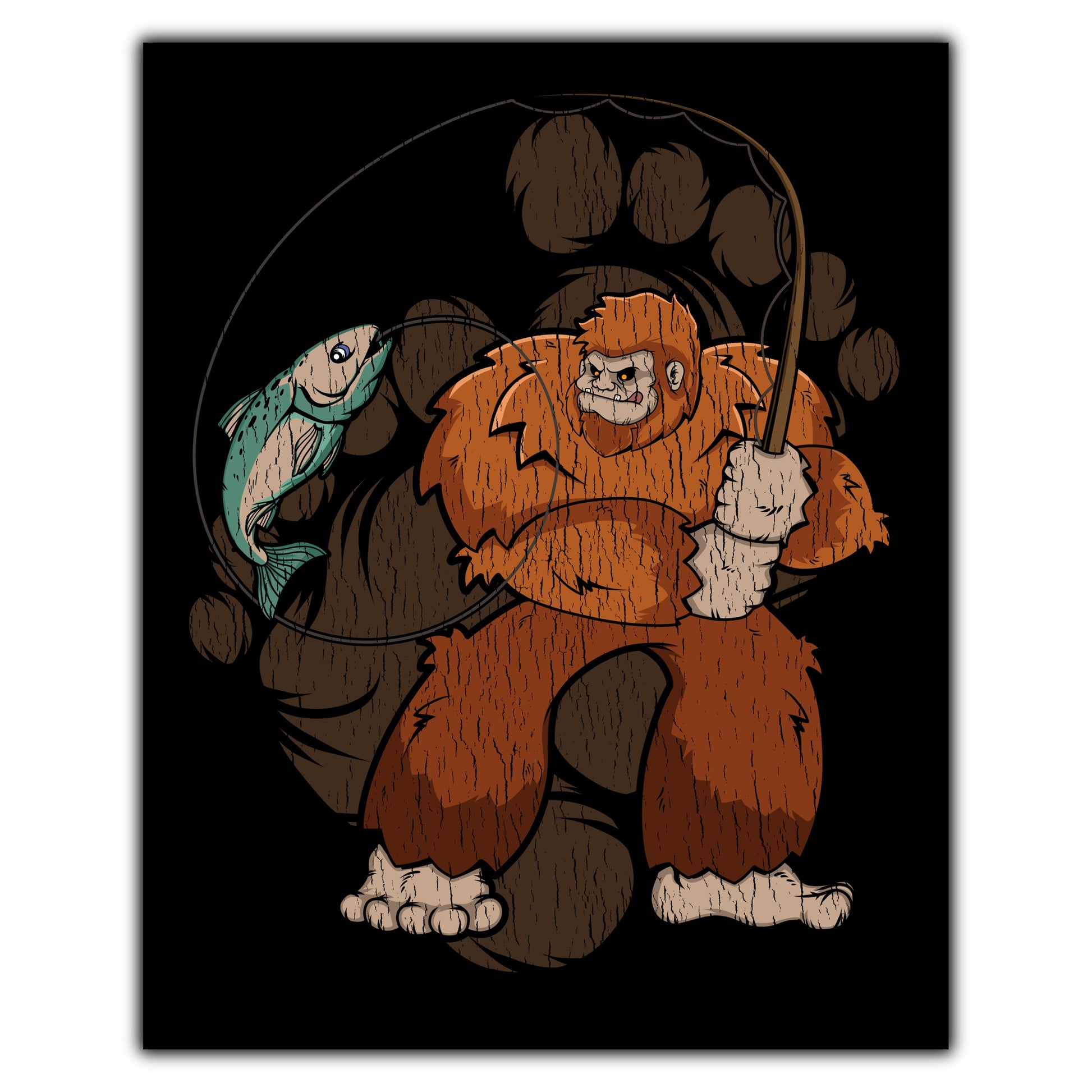 Bigfoot Fishing Art - Sasquatch Catching a Fish 8"x10" Wall Art Print