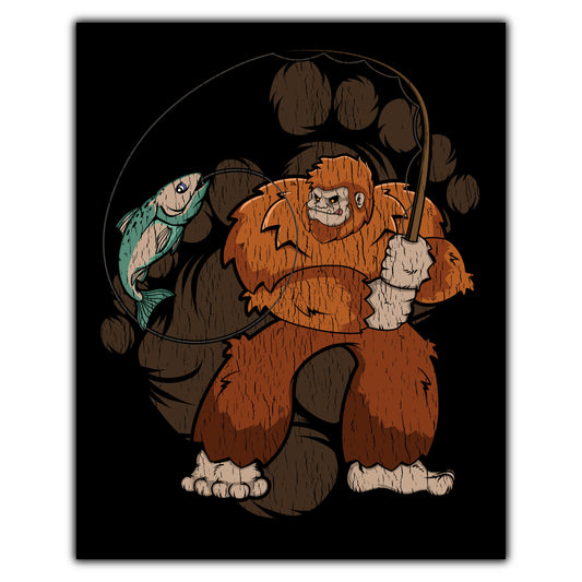 Bigfoot Fishing Art - Sasquatch Catching a Fish 8"x10" Wall Art Print