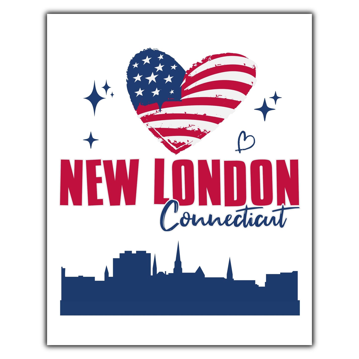 New London Connecticut Skyline American Flag Heart 4th of July 8"x10" Wall Art Print