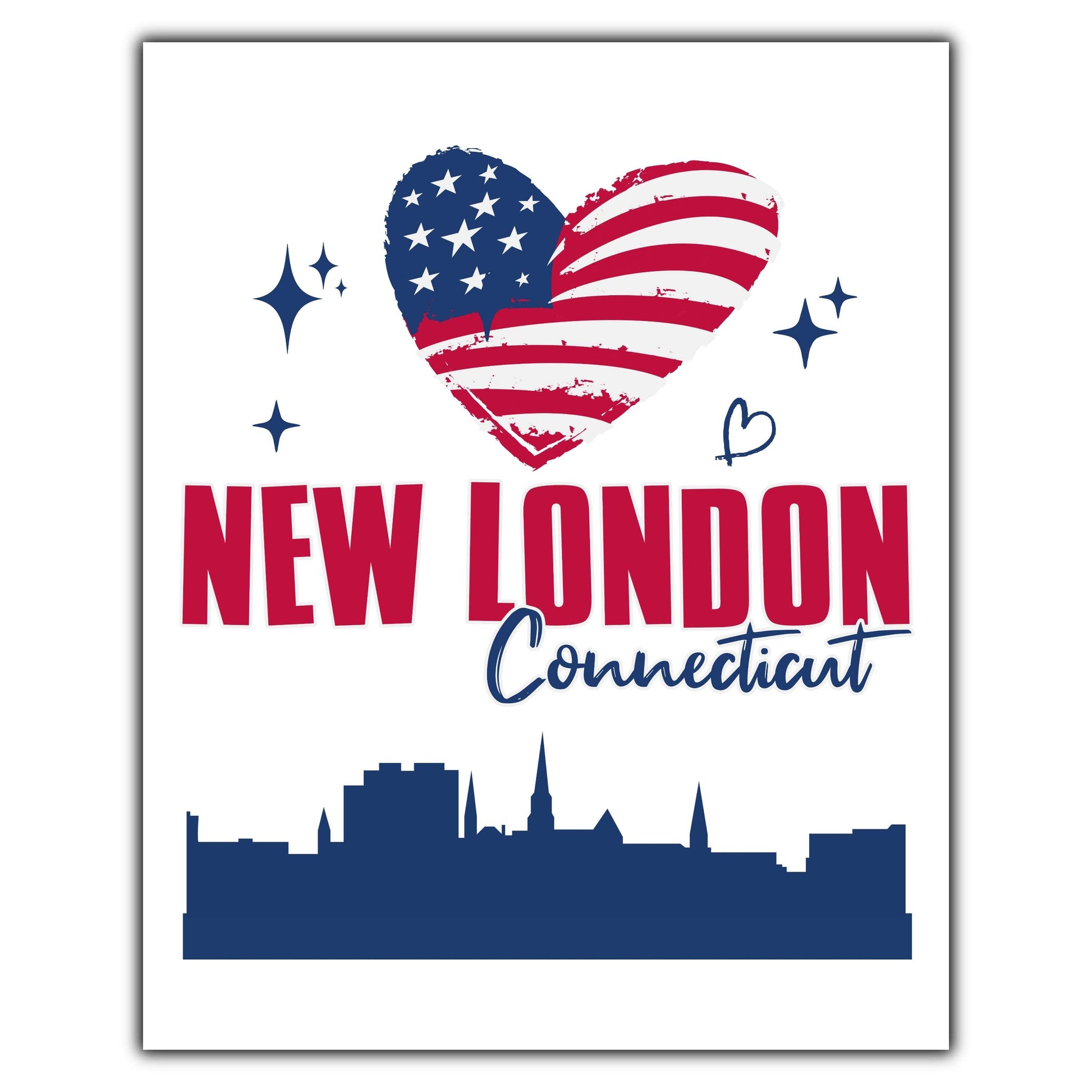 New London Connecticut Skyline American Flag Heart 4th of July 8"x10" Wall Art Print