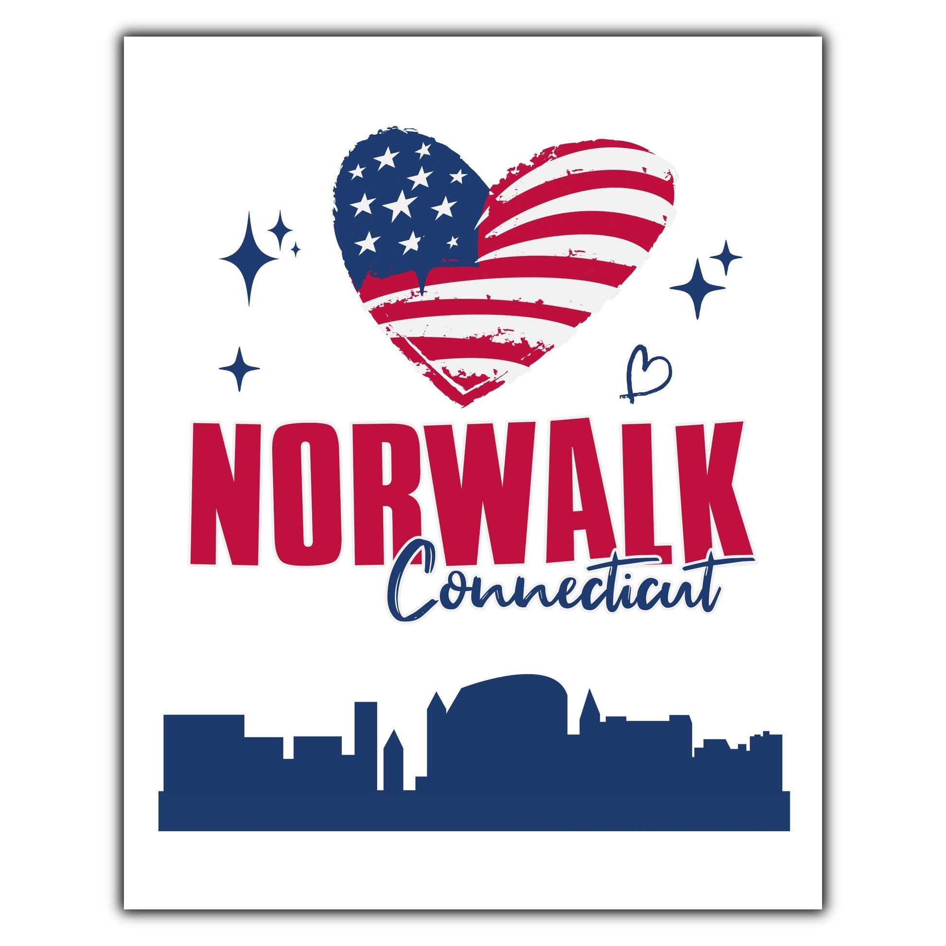 Norwalk Connecticut Skyline American Flag Heart 4th of July 8"x10" Wall Art Print