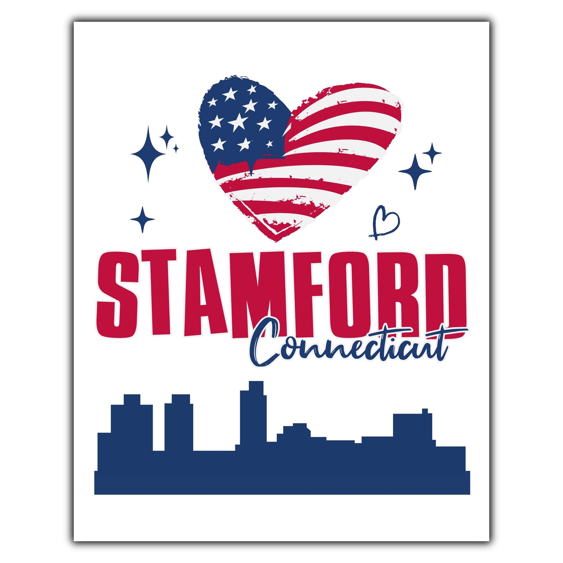 Stamford Connecticut Skyline American Flag Heart 4th of July 8"x10" Wall Art Print