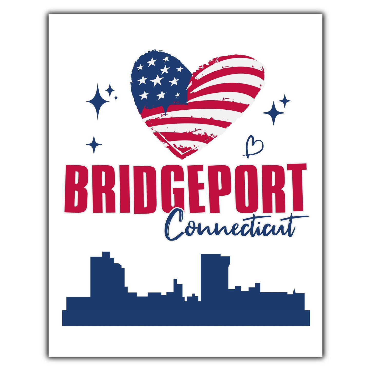 Bridgeport Connecticut Skyline American Flag Heart 4th of July 8"x10" Wall Art Print