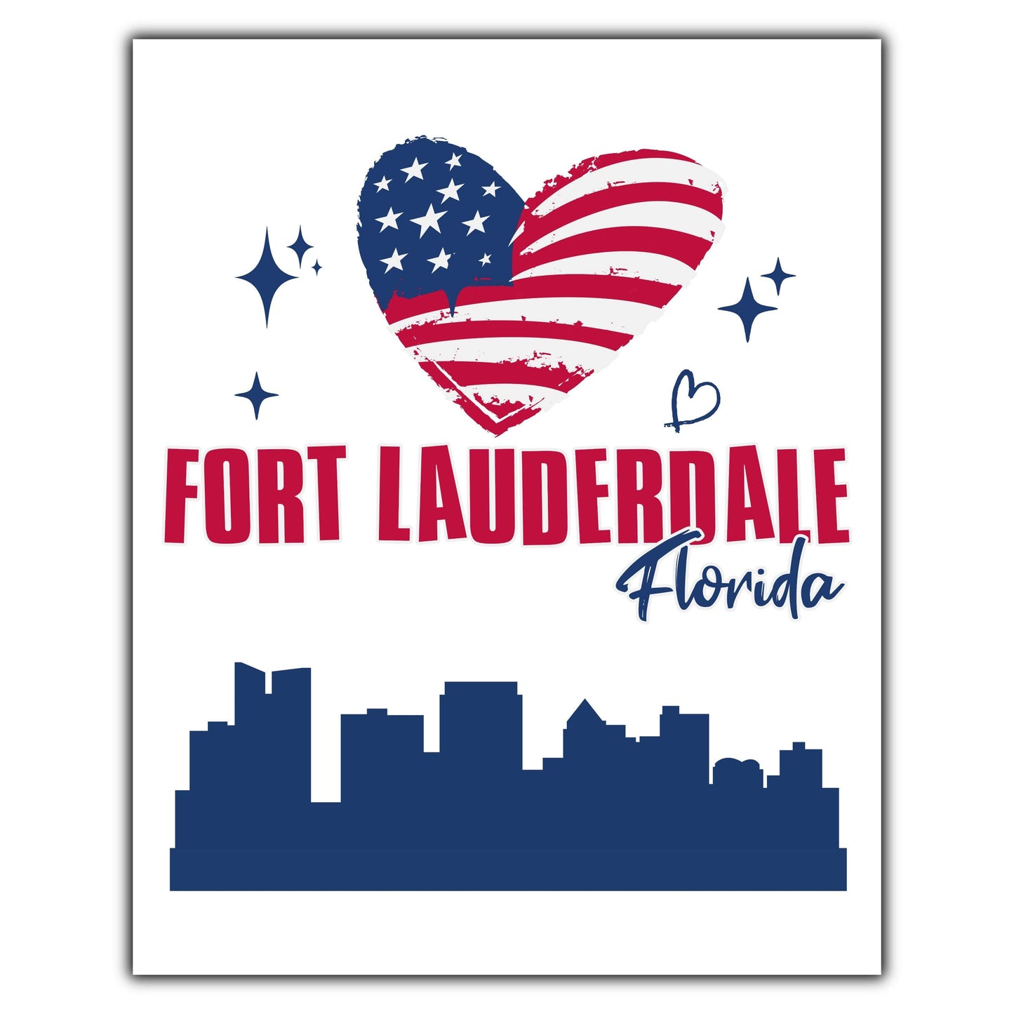 Fort Lauderdale Florida Skyline American Flag Heart 4th of July 8"x10" Wall Art Print