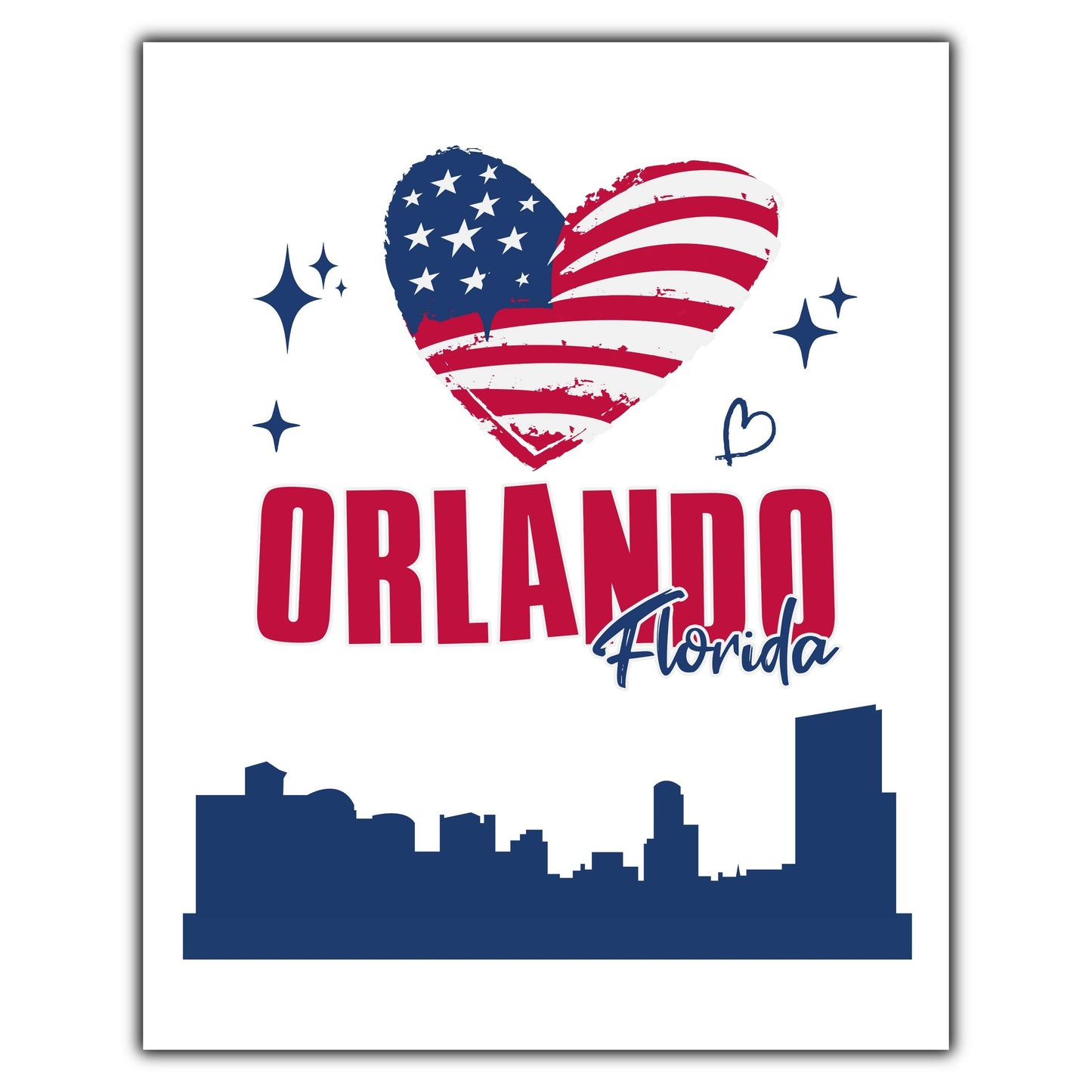 Orlando Florida Skyline American Flag Heart 4th of July 8"x10" Wall Art Print