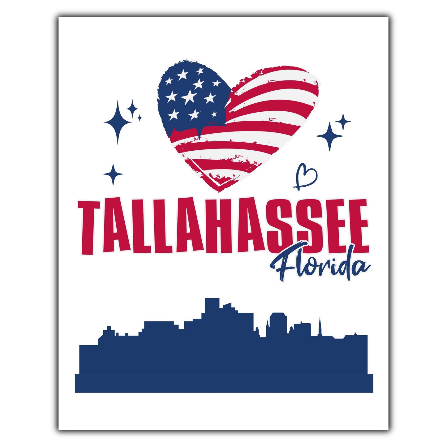Tallahassee Florida Skyline American Flag Heart 4th of July 8"x10" Wall Art Print
