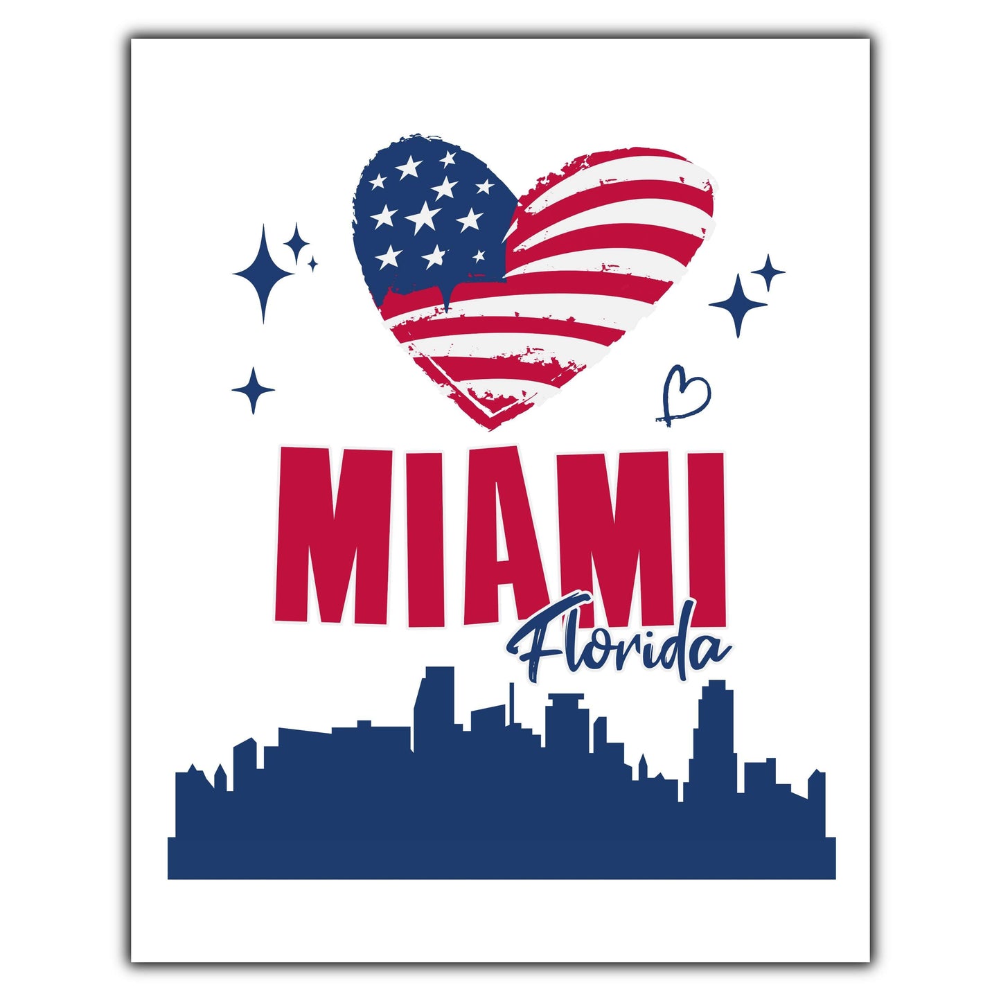 Miami Florida Skyline American Flag Heart 4th of July 8"x10" Wall Art Print