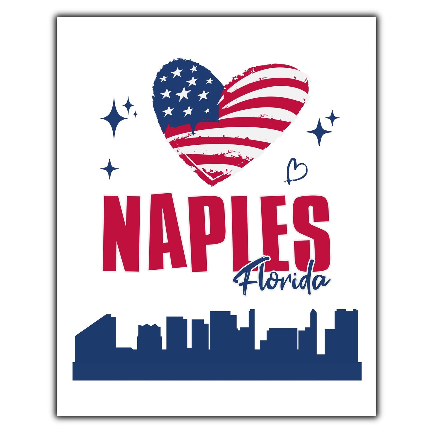 Naples Florida Skyline American Flag Heart 4th of July 8"x10" Wall Art Print