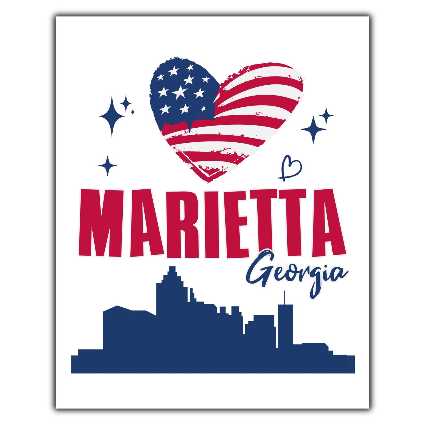Marietta Georgia Skyline American Flag Heart 4th of July 8"x10" Wall Art Print