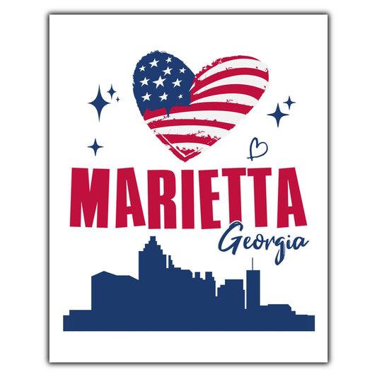 Marietta Georgia Skyline American Flag Heart 4th of July 8"x10" Wall Art Print
