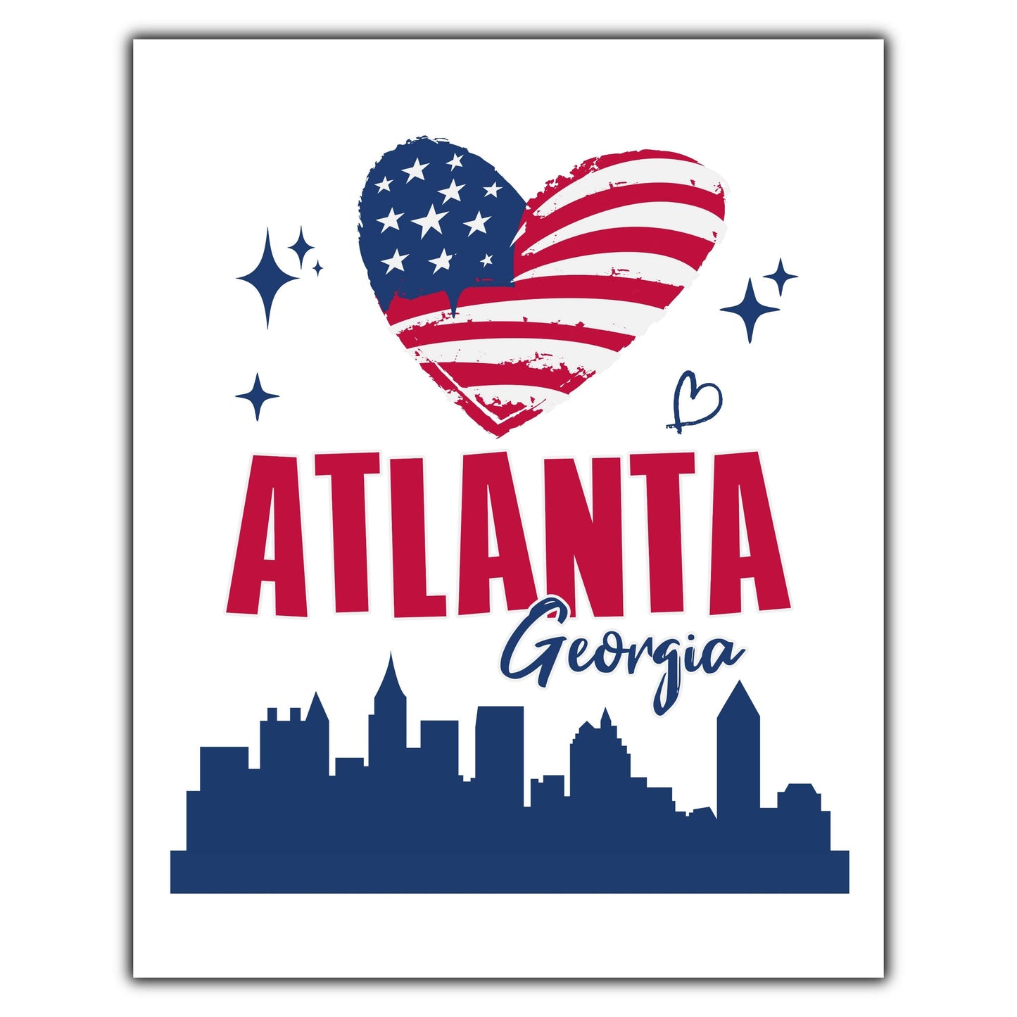 Atlanta Georgia Skyline American Flag Heart 4th of July 8"x10" Wall Art Print