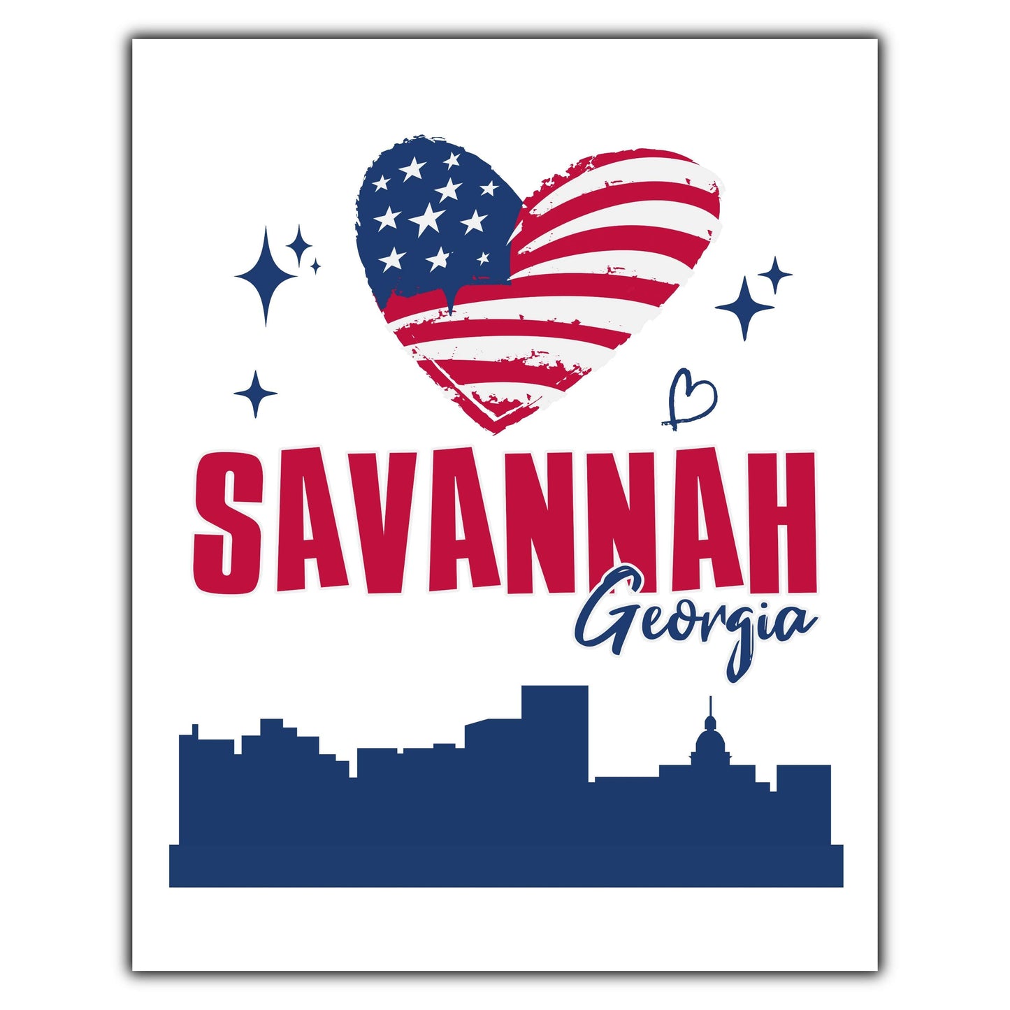 Savannah Georgia Skyline American Flag Heart 4th of July 8"x10" Wall Art Print