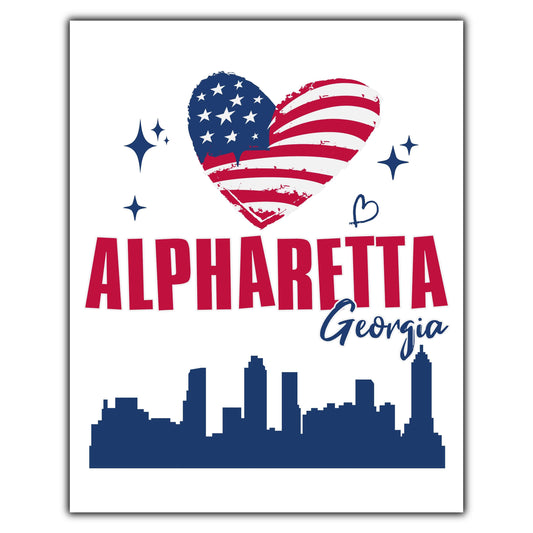 Alpharetta Georgia Skyline American Flag Heart 4th of July 8"x10" Wall Art Print