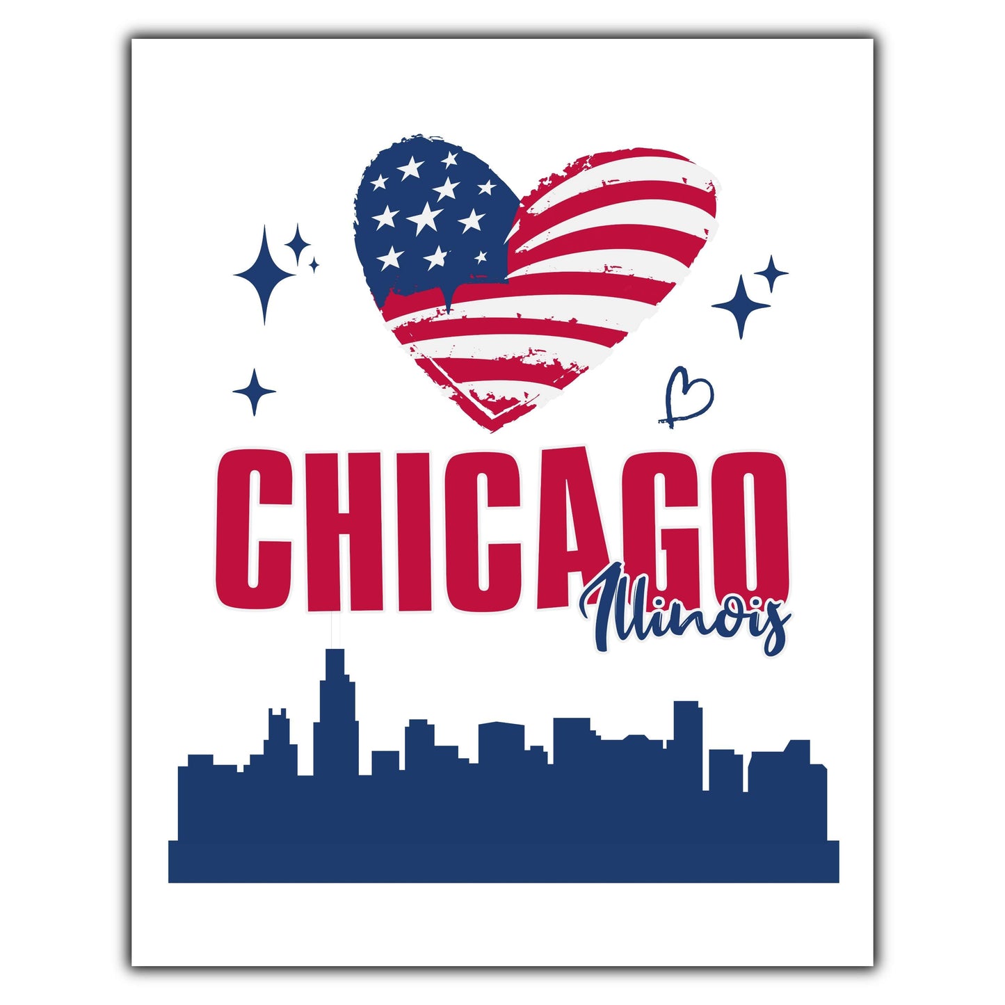 Chicago Illinois Skyline American Flag Heart 4th of July 8"x10" Wall Art Print