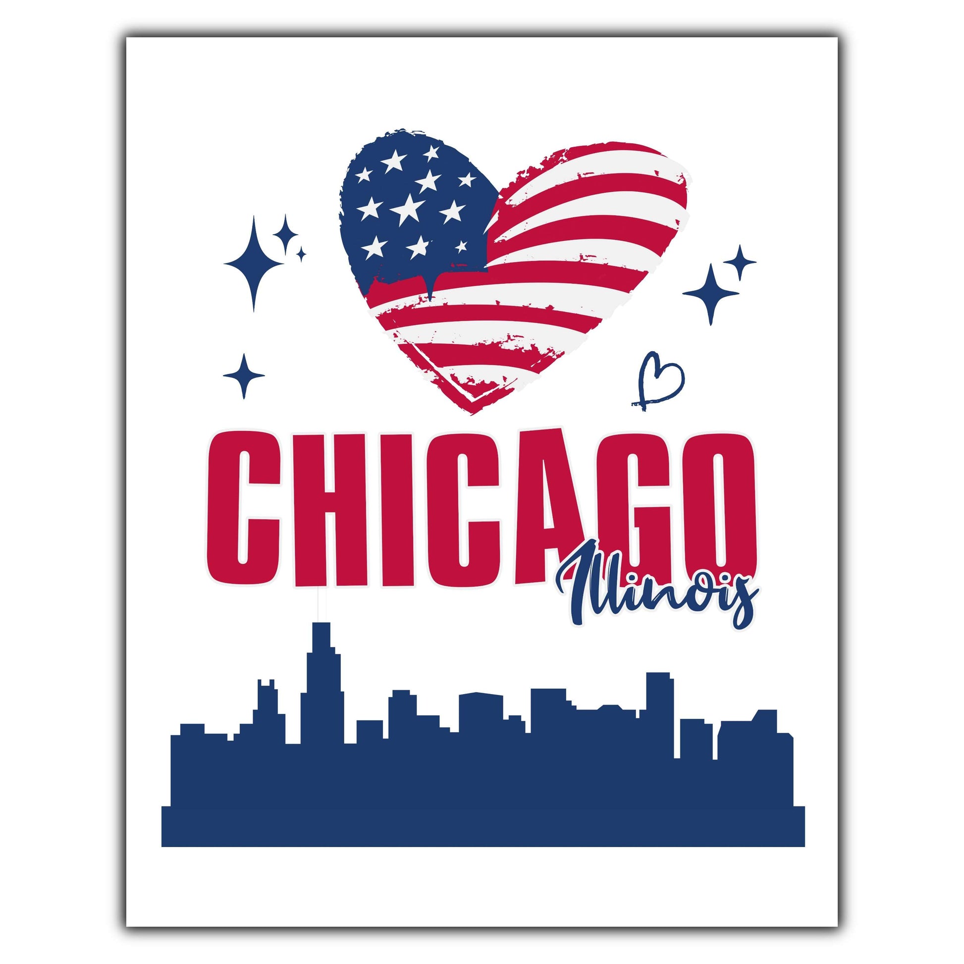 Chicago Illinois Skyline American Flag Heart 4th of July 8"x10" Wall Art Print