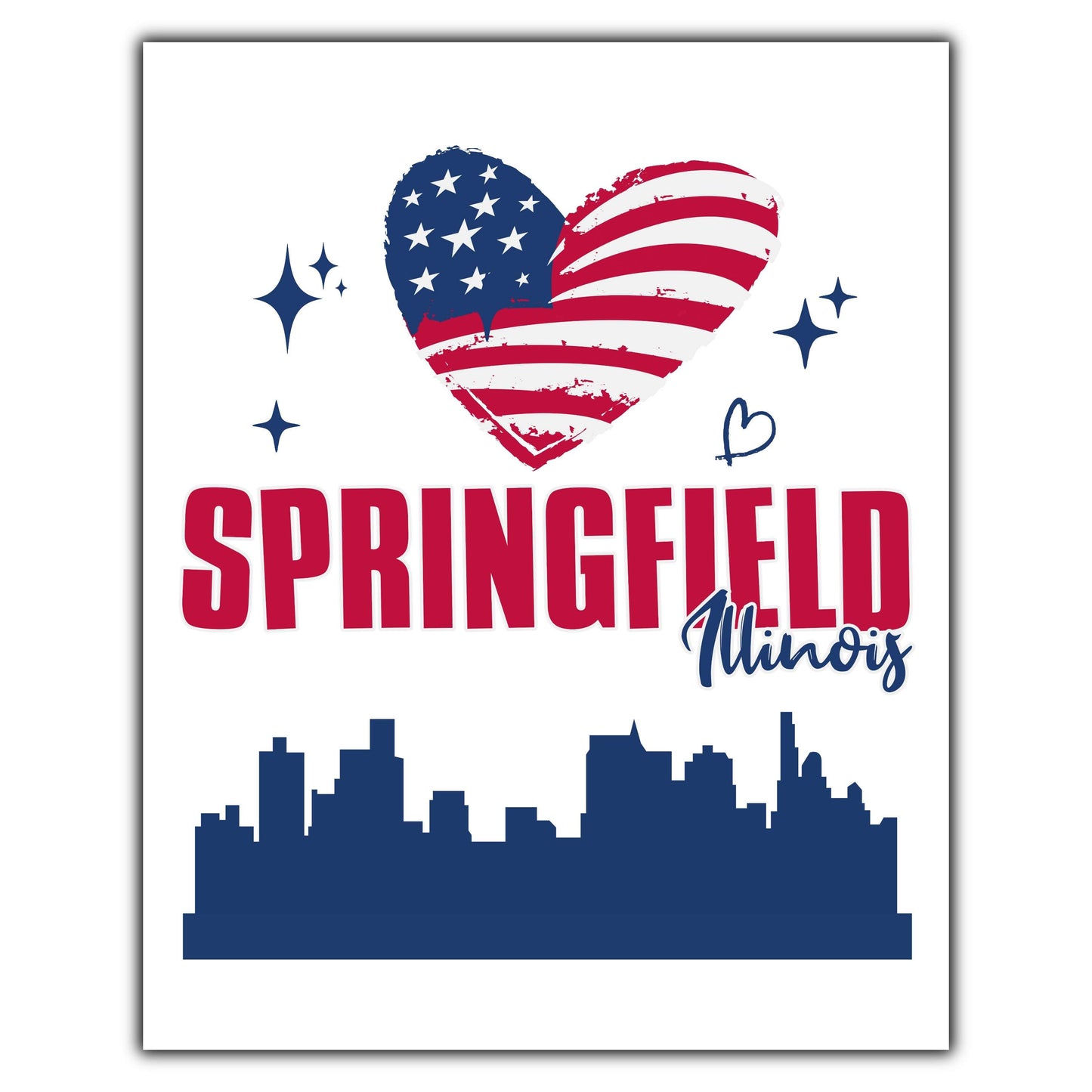 Springfield Illinois Skyline American Flag Heart 4th of July 8"x10" Wall Art Print