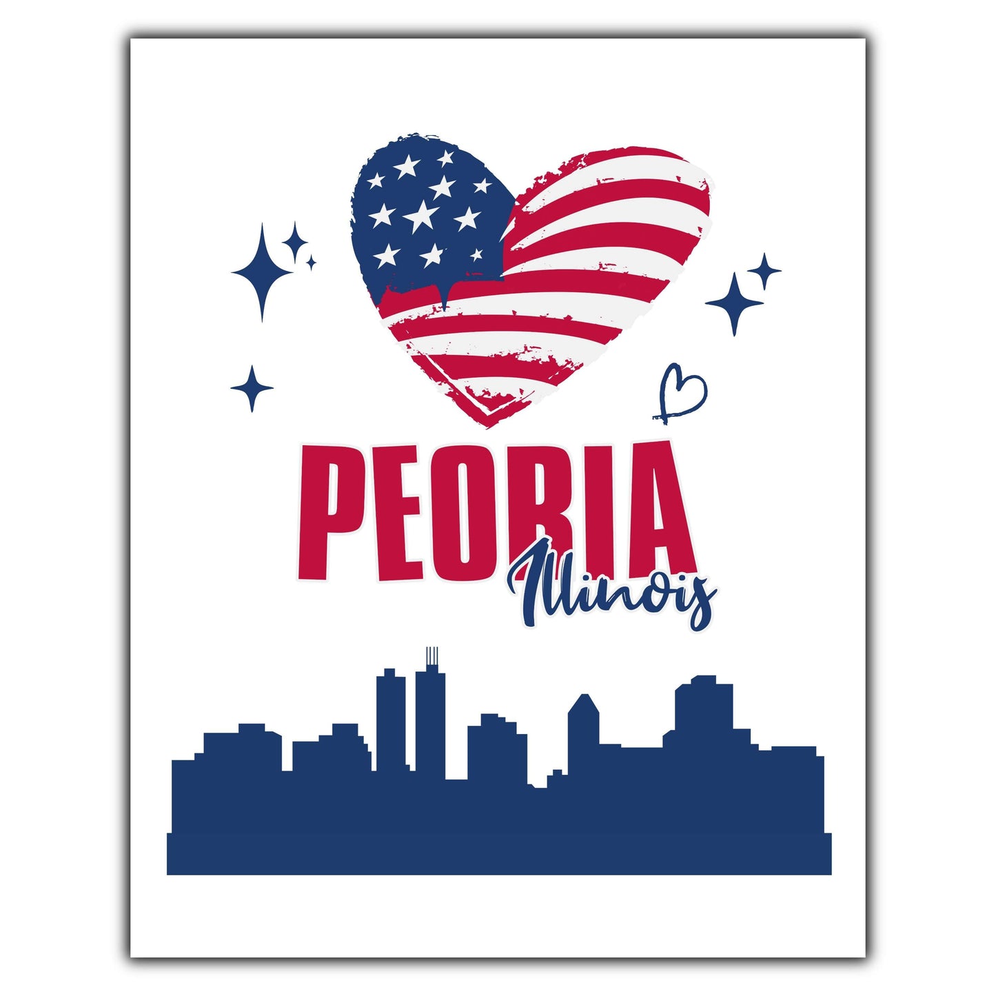 Peoria Illinois Skyline American Flag Heart 4th of July 8"x10" Wall Art Print