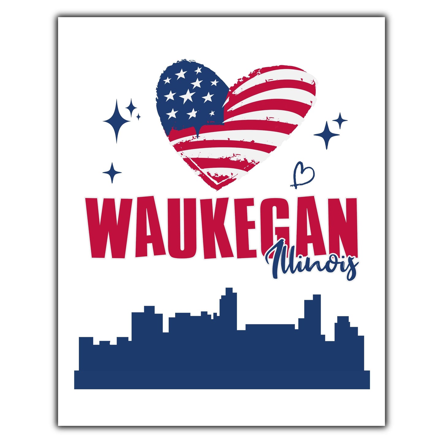 Waukegan Illinois Skyline American Flag Heart 4th of July 8"x10" Wall Art Print